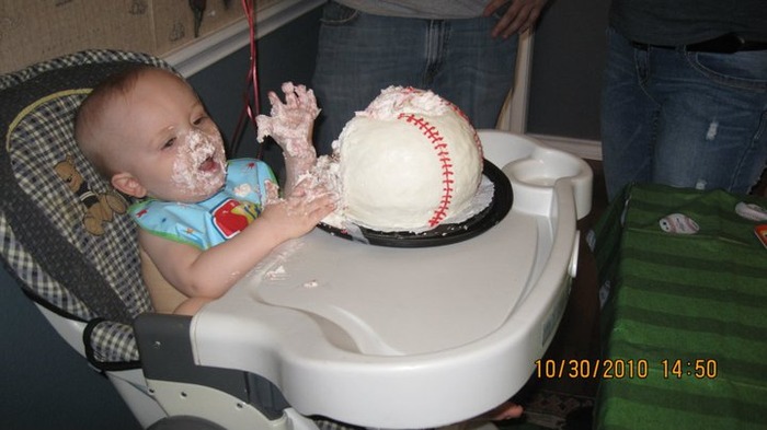 My son Connor's first birthday party! That cake was all his :)