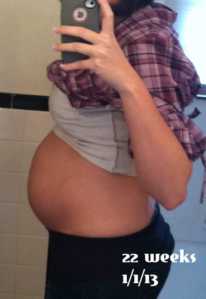22 weeks (bare belly)! Those are veins not stretch marks! haha