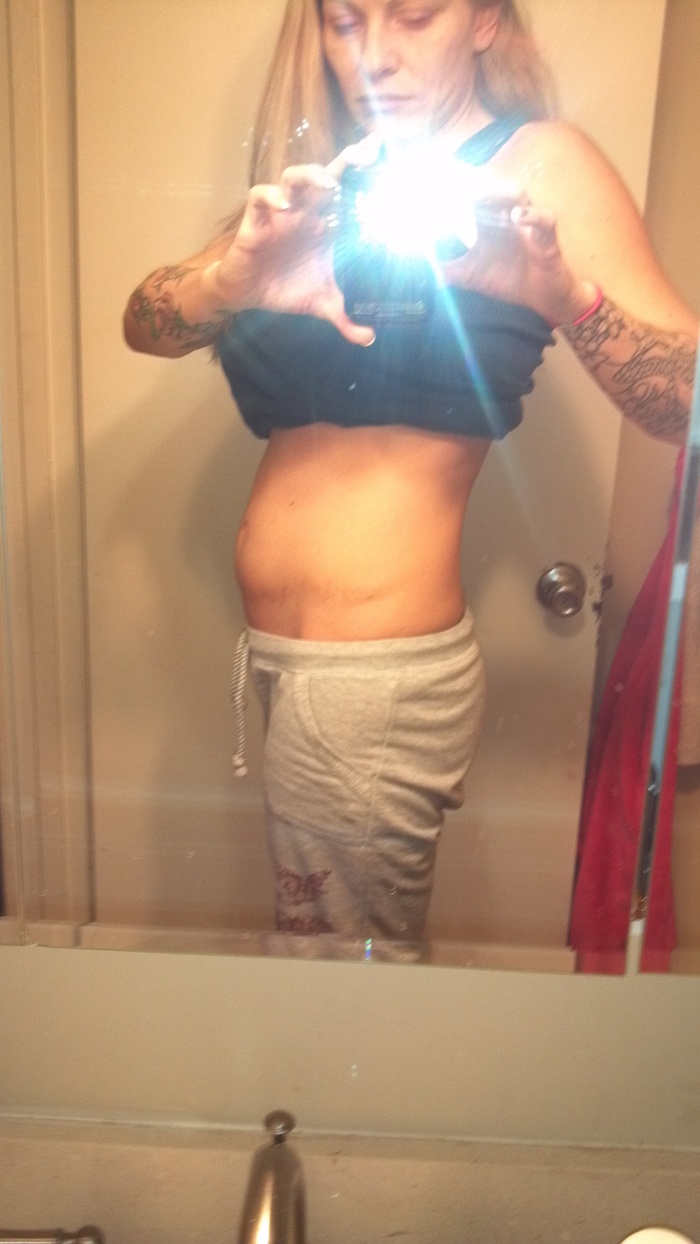 when tummy 1st showed. i started out at 124lbs, now at 20wks im 140 lbs!!!! too much, i think