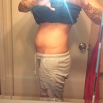 when tummy 1st showed. i started out at 124lbs, now at 20wks im 140 lbs!!!! too much, i think