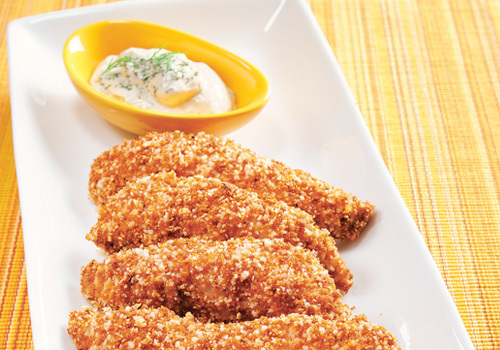 Pecan Crusted Chicken Fingers with Dill Dip