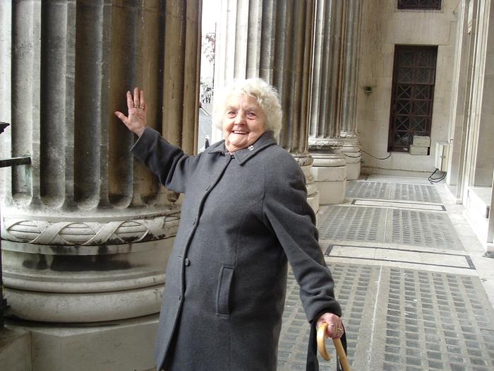 Great Aunt Joyce demonstrating the Lion Pose at the steps of the Council Builing in Knottingham