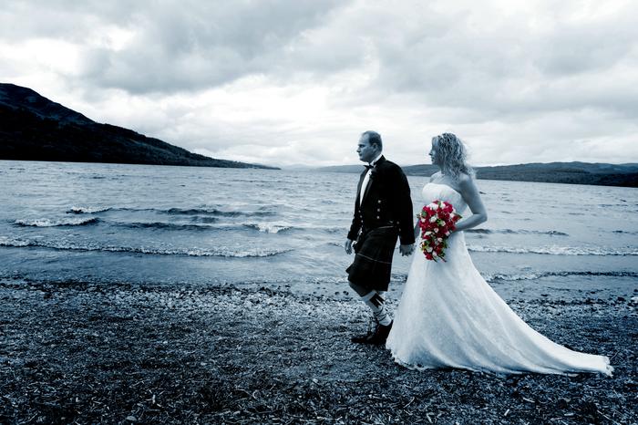 Our Wedding Day- Walking on the beach of Loch Rannoch, Perthshire, Scotland 7/23/09