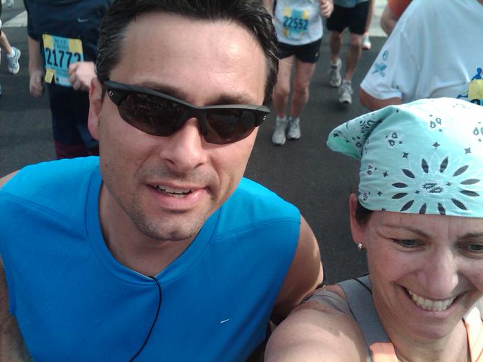Me and my sister running the 10 miler - "Dude and Doo Rag"