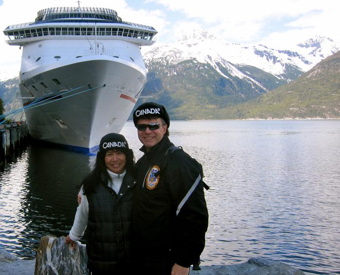 Shell and I representing Canada in Skagway USA on our Alaska Cruise 