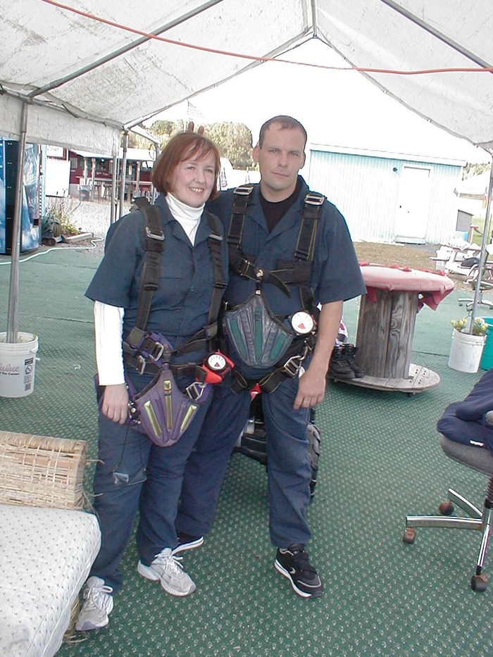 Brian & I geared up & ready to go for 1st skydive, 9/2006. 150 lbs.