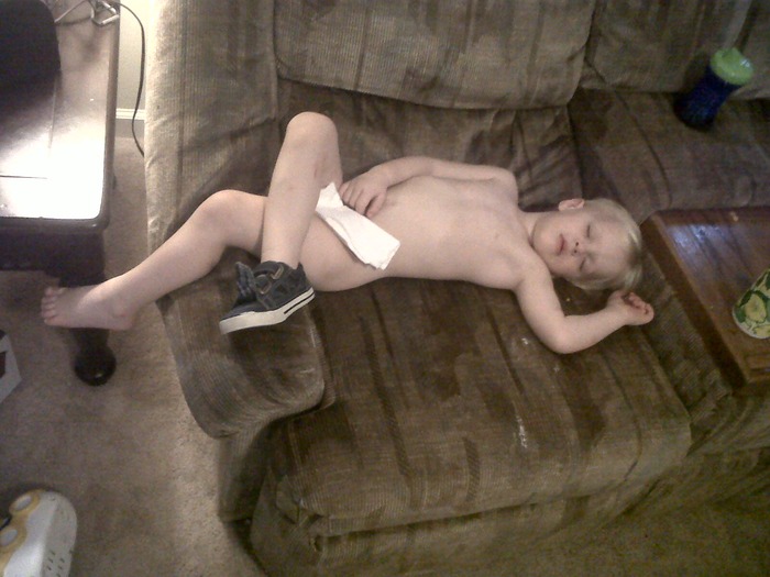 passed out with one shoe on, had to cover the privates...lol