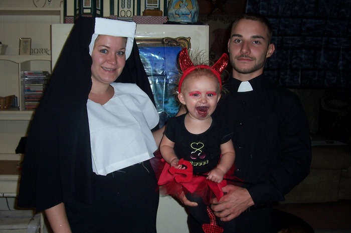 I was a pregnant nun, Kaitlyn was a little devil and Bryan was a priest carrying a beer bottle lol