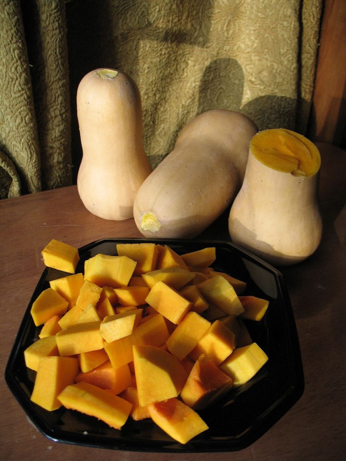 My butternut pumpkins I grew. One and a bit chopped up ready for the soup I made today. June 18 2011