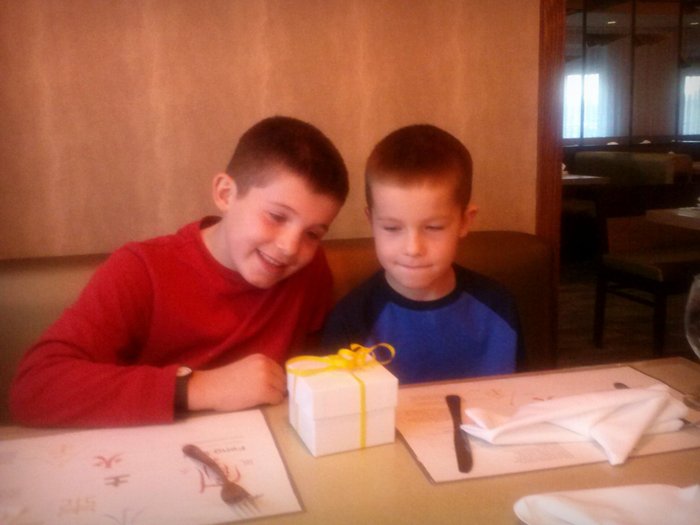 My boys wondering if there were blue or pink booties inside of the box--it was blue!