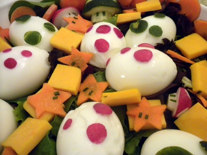 Super Mario Bros salad that I made with my daughter complete with invincibility stars & yoshi eggs