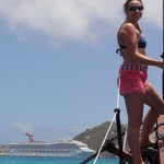 Riding on the bow of a moving tall ship in the Caribbean turquoise water = FUN!!
