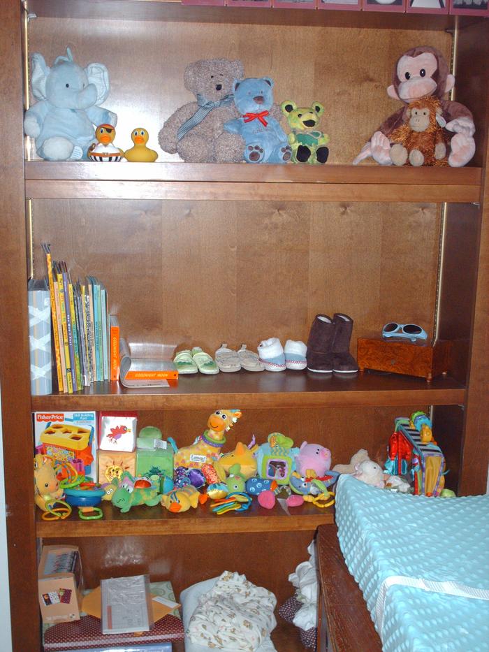 His shelves with his books, toys and stuff on them