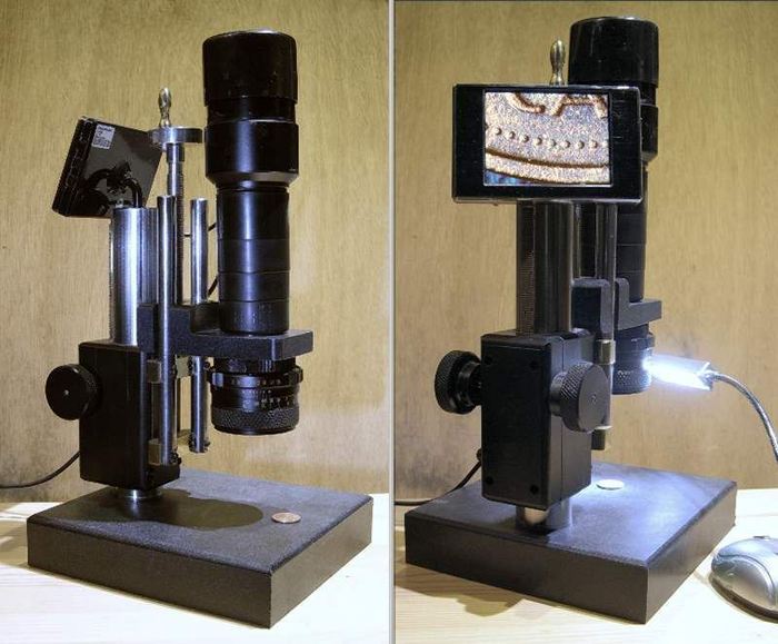 A video microscope that uses camera lenses with 3 to 4 inch scan distance