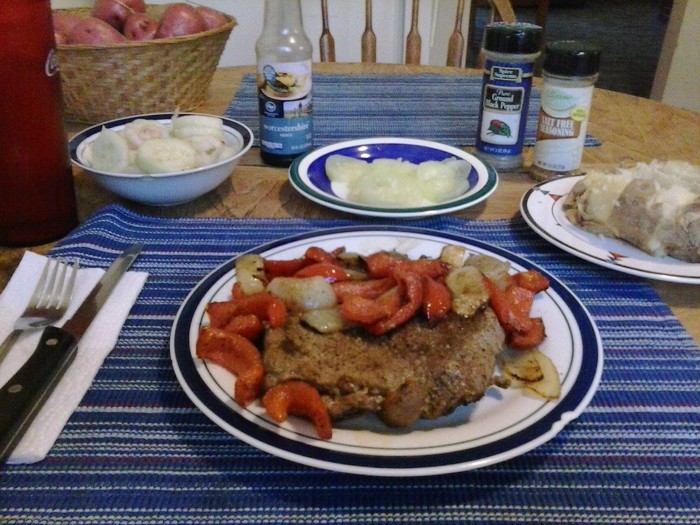 Pepper Steak, Baked Potato, Steamed Squash, Cucumbers w/ Balsamic Vin. and Onions