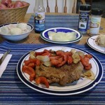 Pepper Steak, Baked Potato, Steamed Squash, Cucumbers w/ Balsamic Vin. and Onions