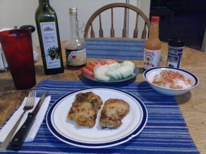 More Chicken, it was on sale!, this with Steamed Rice and Bell Peppers, Tomato/Cucumber Salad