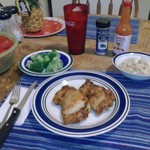 Baked Chicken with a Dip of Hot Sause, Marinated Cucumbers and Steamed Broccoli