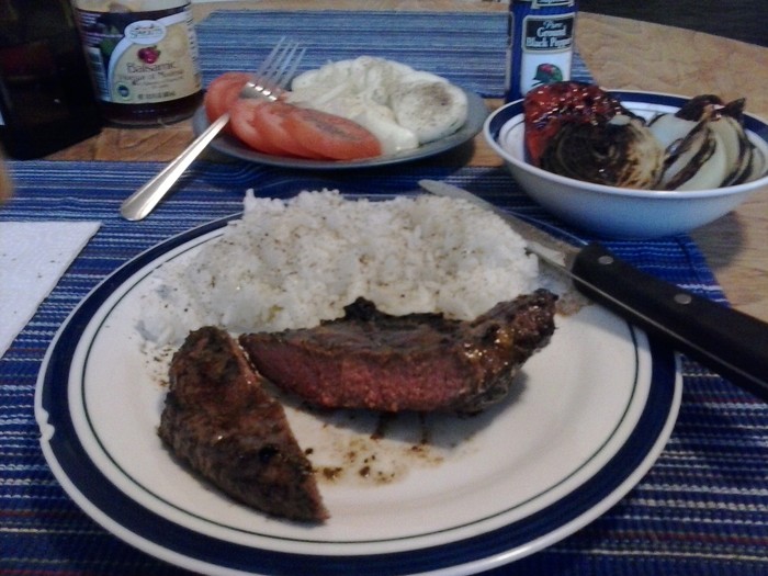 Lean Grilled Steak and Plain Rice,  Grilled Peppers & Onions w/ Tomato/Cucumber Salad