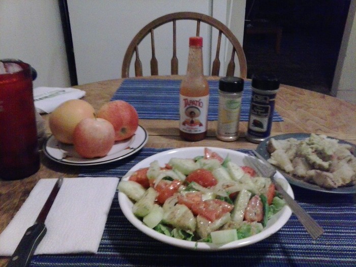 Giant Garden Salad w/ Baked Potato and Balsamic Vinegar w/ Olive Oil Apples & Grapefruit.