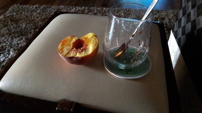 Flax and Psylinium seeds with a little lemon juice on my first glass of whater for today and a peach