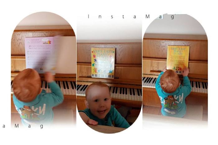 T loves music and is trying to "play" the piano - too funny ;)